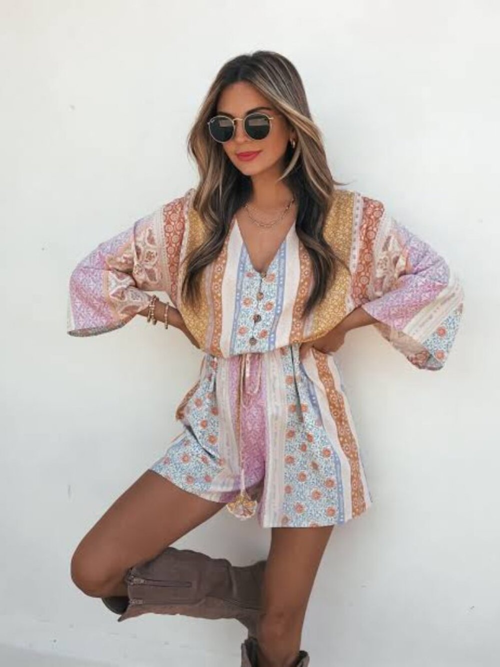 Magnolia Floral Patchwork Romper in Yellow, Blue, Peach, Lavender